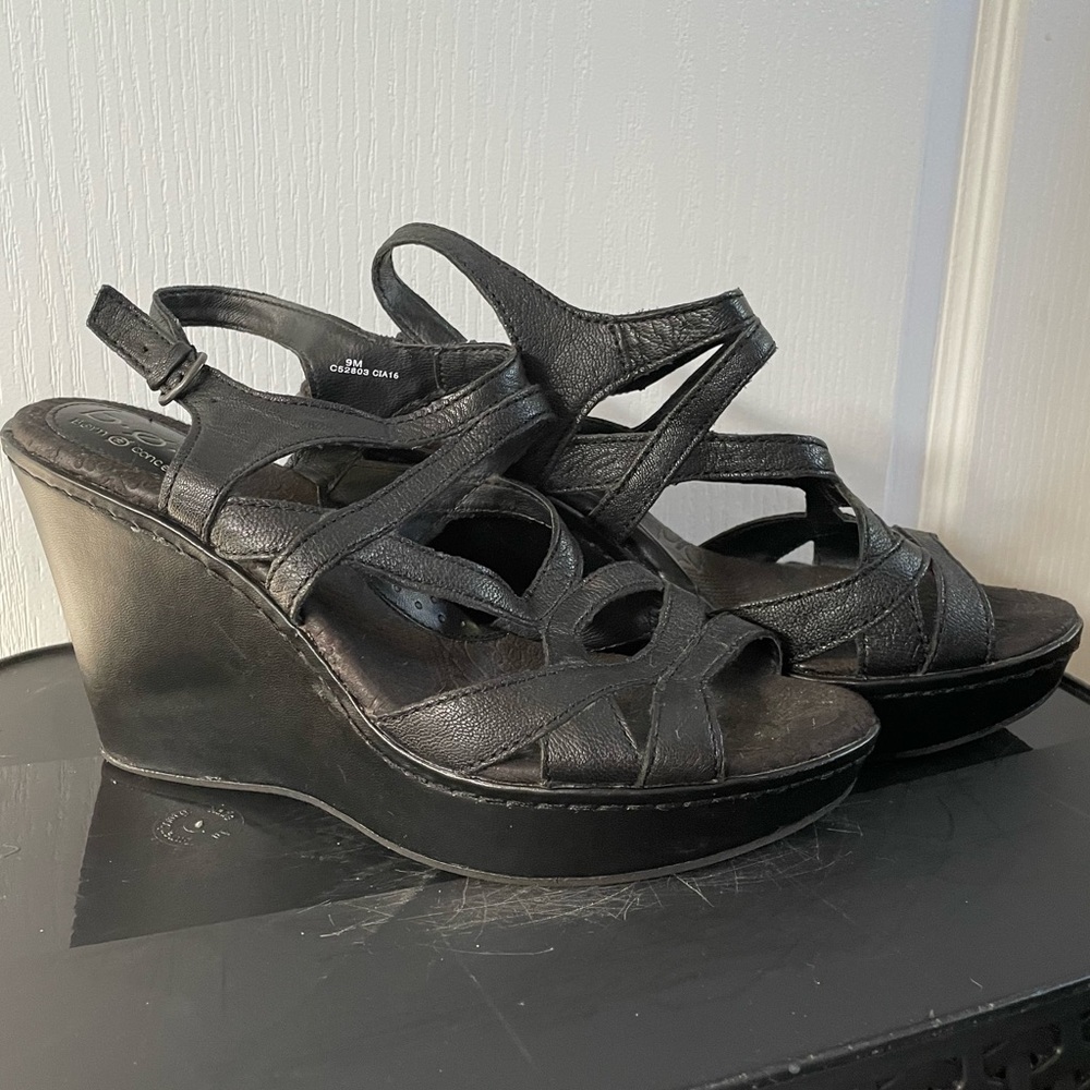 Born “Brygida” Black Leather Wedge Heels